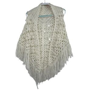 Vintage 1970s Hand Crochet Fringe Shawl Cream Boho Hippie Festival Wrap Japan